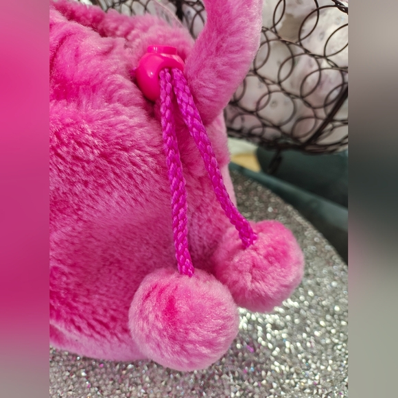Vintage 1996 Pink Faux Fur Matell Barbie Drawstring Bag Purse Pom Poms - Picture 3 of 6